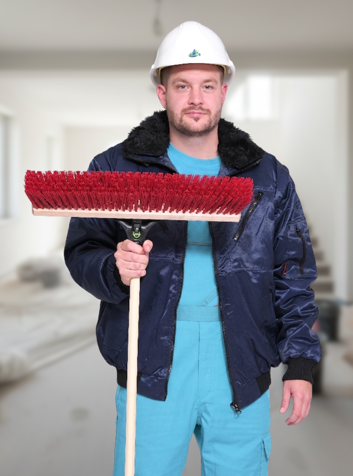 Mitarbeiter der Gebäudereinigung CityShine in Chemnitz mit Besen und Bauhelm