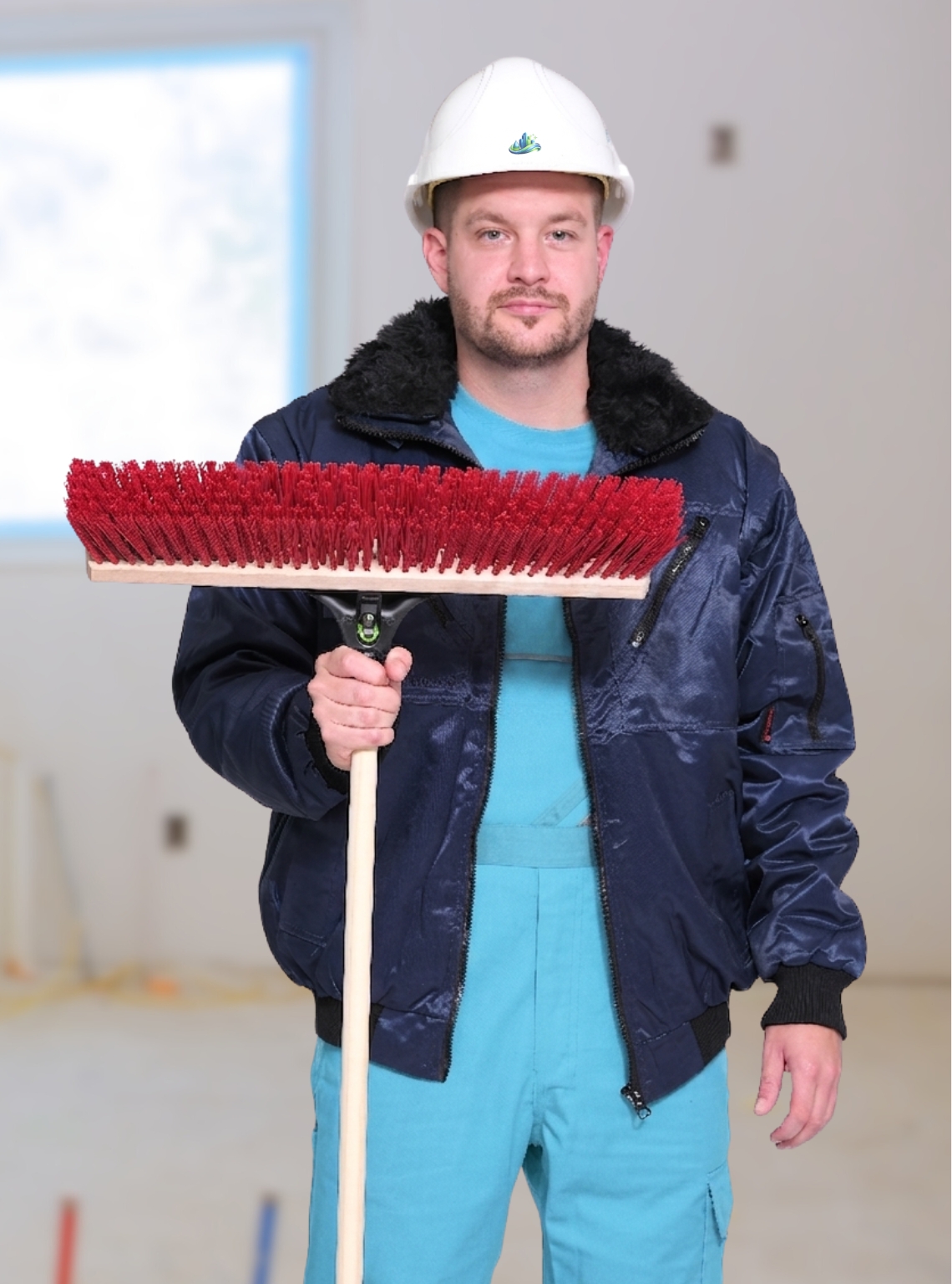 Mitarbeiter der Gebäudereinigung CityShine bei der Baustellenreinigung in Chemnitz mit Besen